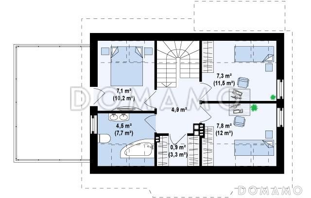 Проект одноэтажного мансардного дома из кирпича с открытой террасой над гаражом / План мансардного этажа