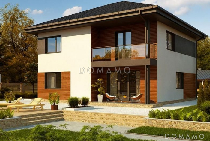 Проект двухэтажного дома с балконом, кабинетом и спальней на первом этаже, тремя спальными комнатами на втором