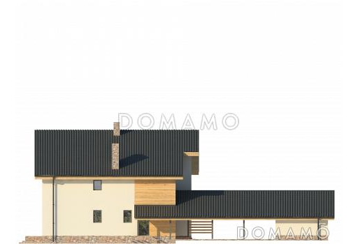 Проект дома с гаражом и навесом для автомобилей, просторной гостиной, спальней на первом этаже, террасой, вторым светом, длинным балконом / Фасад 3