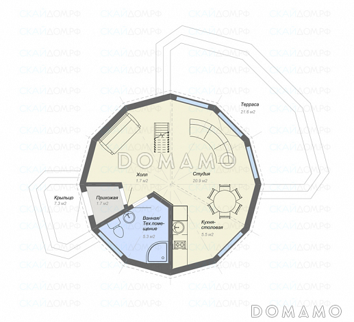 Проект круглого в плане дома / План 1 этажа