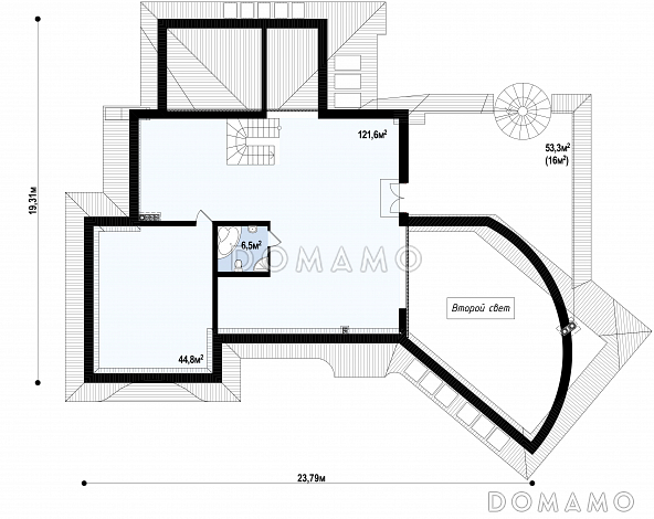 Проект красивого просторного мансардного коттеджа из газобетона с террасой на втором уровне / План мансардного этажа