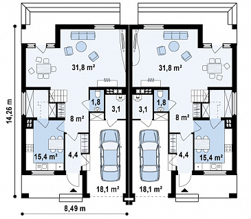 Проект мансардных домов-близнецов из газобетона с гаражом, тремя спальнями и красивым слуховым окном и балконом / План 1 этажа