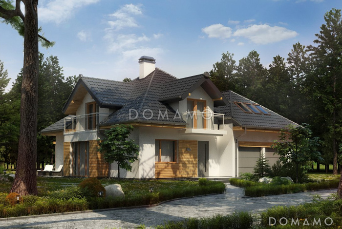 Проект загородного дома с гаражом, террасой, просторной гостиной, балконами в трех комнатах на мансарде