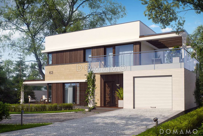 Проект современного двухэтажного дома из кирпича с плоской крышей с кабинетом, гаражом и крытыми террасами на обоих уровнях, адаптированный для сейсмозоны