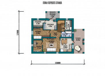 Проект двухэтажного дома с террасой и спортзалом / План 1 этажа