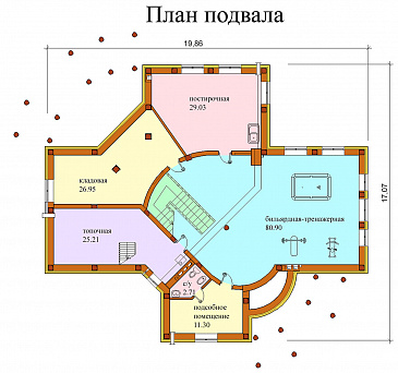 Проект двухэтажного дома с бильярдной и тренажерным залом на цокольном этаже / План цокольного этажа