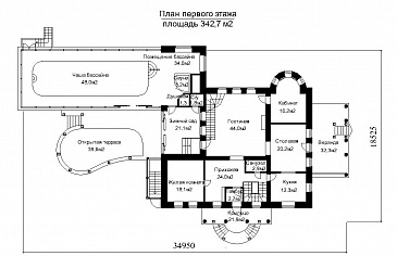 Проект загородного дома с пристроенным задним бассейна из светопрозрачных конструкций / План 1 этажа