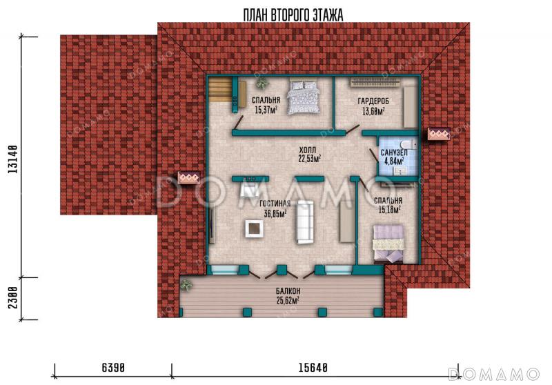 Проект дома с сауной в цокольном этаже, навесом для машины и гостиной на мансарде / План мансардного этажа