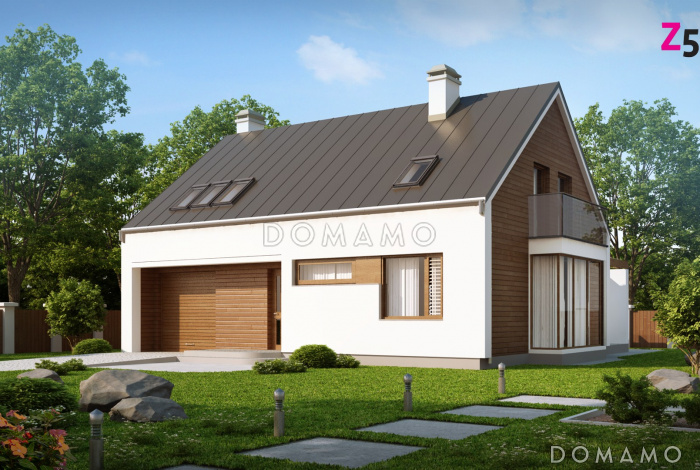 Проект одноэтажного мансардного дома из кирпича со стеклянным эркером в кухонной зоне, балконом над ним и гаражом