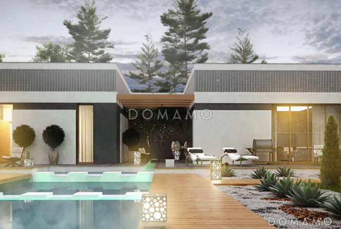 Проект современного одноэтажного дома из кирпича с тремя спальнями, гаражом и внутренним двориком переходящим в открытую террасу