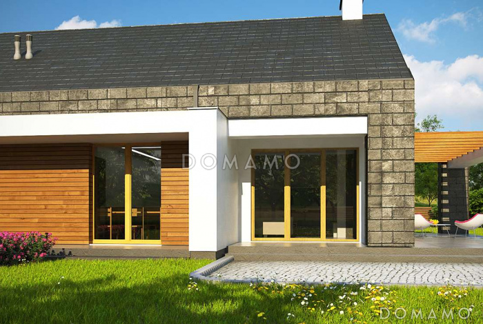 Проект современного одноэтажного дома из кирпича с тремя спальнями и пристроенным гаражом на два автомобиля