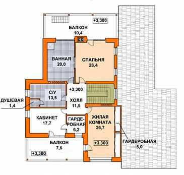 Проект дома с двускатной крышей, бассейном, зимним садом и небольшим подвалом / План мансардного этажа