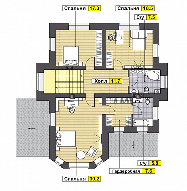 Проект оштукатуренного двухэтажного коттеджа в стиле модерн / План 2 этажа