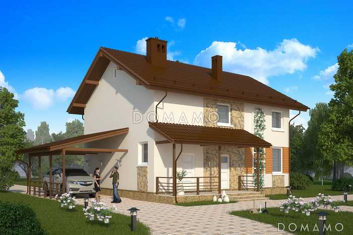 Проект практичного двухэтажного дома с большой гардеробной и навесом для автомобиля 