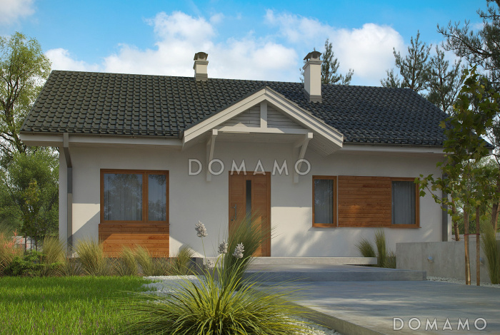 Проект простого компактного одноэтажного дома из кирпича с открытой террасой