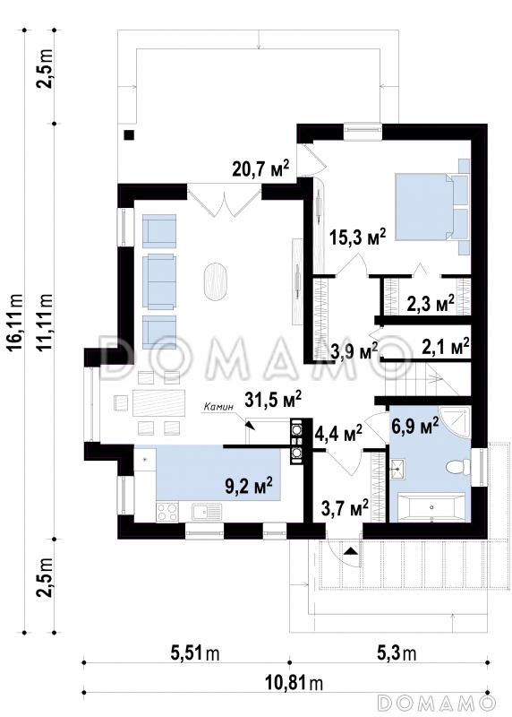 Проект одноэтажного дома из газобетона с мансардным этажом с прямоугольным эркером и балконом / План 1 этажа