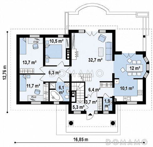 Проект одноэтажного дома из газобетона с цокольным этажом и со свободной планировкой на мансардном этаже / План 1 этажа