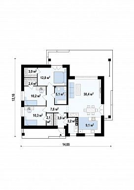 Проект простого комфортного одноэтажного дома из газобетона для небольшой семьи с тремя спальнями / План 1 этажа