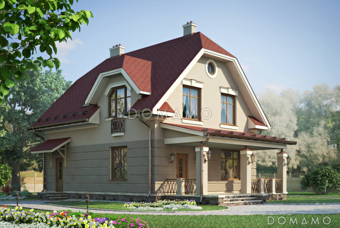Проект дома с мансардой, крытой террасой и тремя спальными комнатами