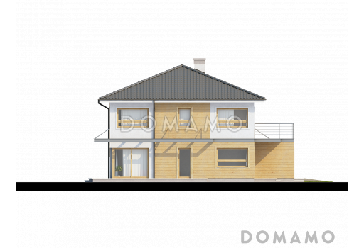 Проект двухэтажного дома из кирпича с четырьмя спальнями и удлинённым двухместным гаражом / Фасад 3