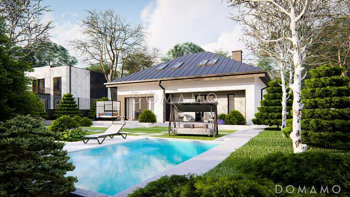 Проект традиционного загородного дома с мансардой, гаражом на одну машину, кладовой на кухне