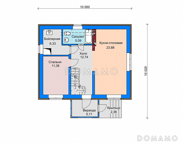Проект загородного дома с небольшой верандой, спальней на первом этаже, совмещенной кухней-столовой / План 1 этажа