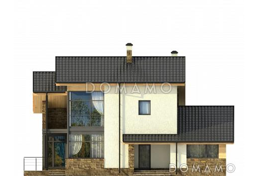 Проект дома с кухней-столовой с выходом на террасу, двумя спальнями на первом этаже, длинным балконом / Фасад 1