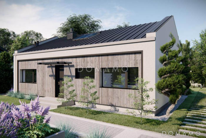 Проект загородного дома с помещениями на одном этаже, двухскатной крышей, тремя спальнями, кладовой на кухне