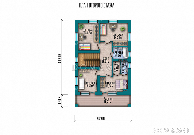 Проект двухэтажного дома с гаражом, 4 спальнями, широким балконом и большим крыльцом / План 2 этажа