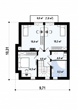 Проект небольшого одноэтажного мансардного дома из кирпича с тремя спальнями и просторной гостиной / План мансардного этажа