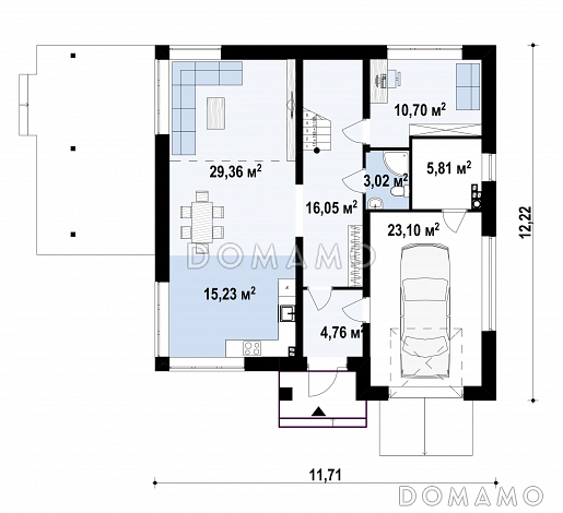 Проект современного двухэтажного дома из кирпича с четырьмя комнатами, гаражом и балконом / План 1 этажа
