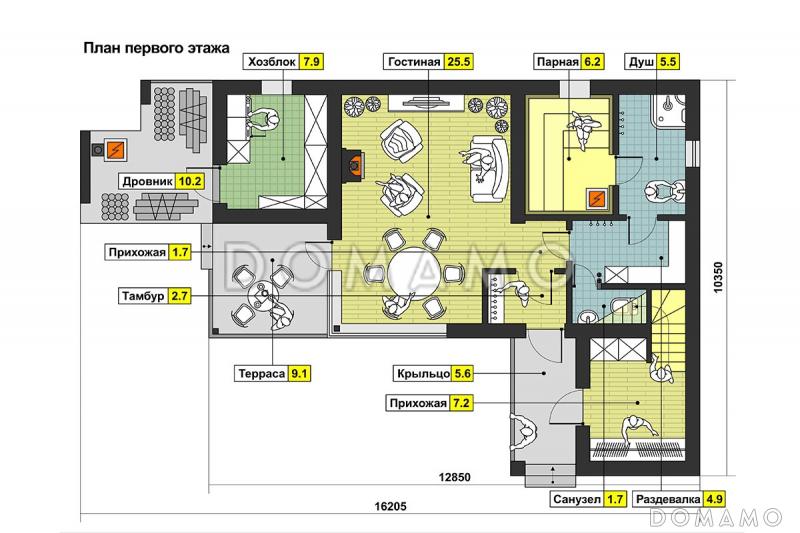 Проект дома с  крытой террасой, дровником, гостиной с камином, парной, двумя спальнями на мансардном этаже / План 1 этажа