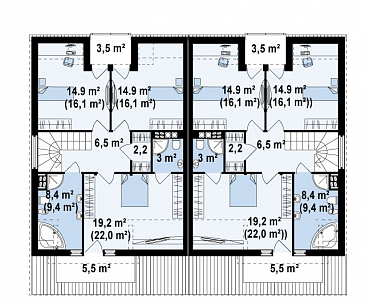 Проект мансардных домов-близнецов из газобетона с гаражом, тремя спальнями и красивым слуховым окном и балконом / План мансардного этажа