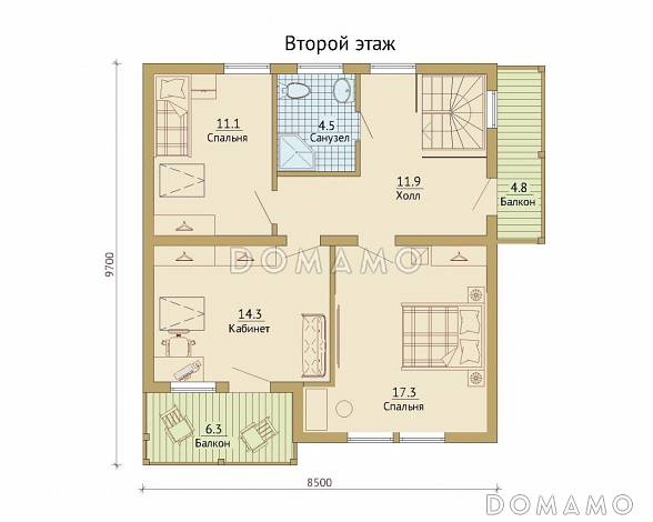 Проект каркасного дома с двумя балконами на мансардном этаже / План мансардного этажа