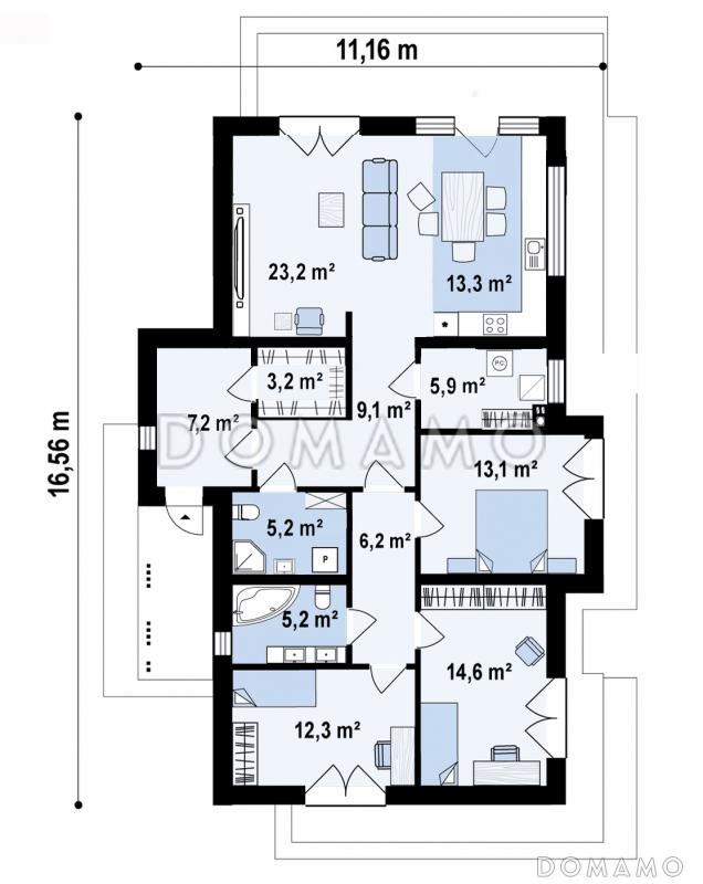 Проект одноэтажного дома с грамотной планировкой, эркером, навесом, объединенной кухней и гостиной / План 1 этажа