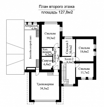Проект загородного дома с бассейном и гаражом на 2 машины  / План 2 этажа