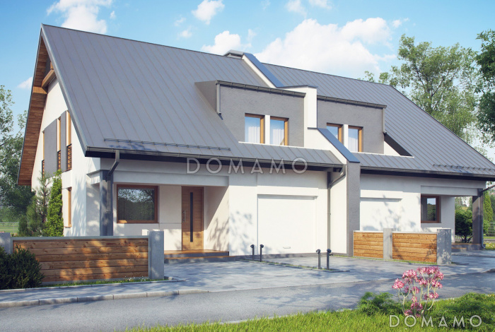 Проект мансардных домов-близнецов из кирпича с гаражом и слуховым окном