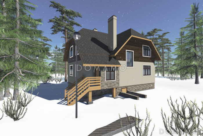 Проект кирпичного дома с цокольным и мансардным этажами, террасой и сауной