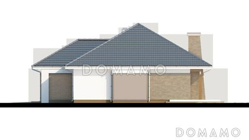 Проект одноэтажного дома из газобетона со стеклянным эркером в столовой зоне, четырьмя спальнями и гаражом / Фасад 2