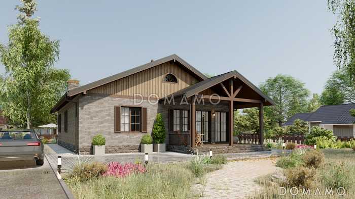 Проект одноэтажного дома из газобетона с крытой террасой в европейском стиле