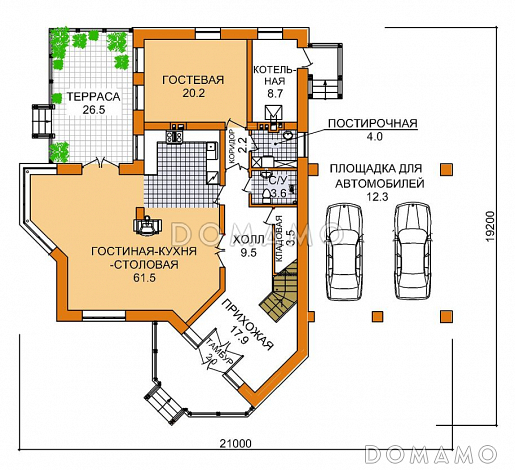 Проект дома из пеноблоков с площадкой для автомобиля / План 1 этажа