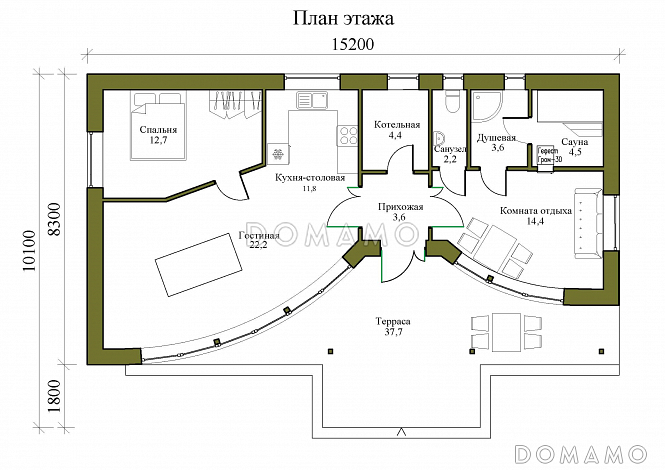 Проект одноэтажной бани с панорамным остеклением, крытой террасой, спальней / План 1 этажа