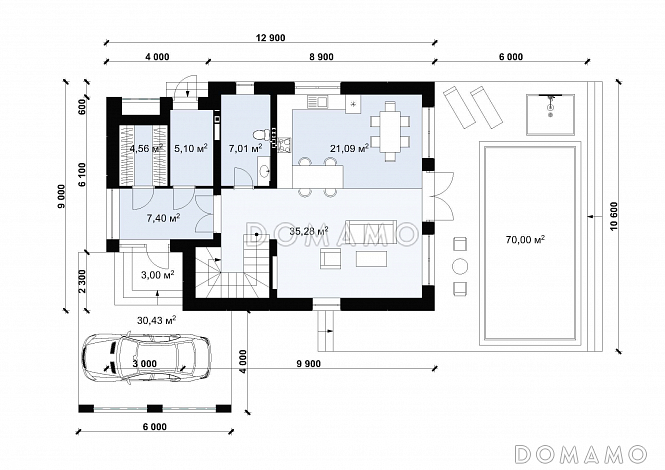 Проект дома с большой террасой и навесом для автомобиля S-158 / План 1 этажа
