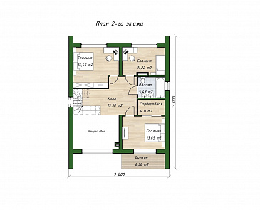 Проект двухэтажного дома с тремя спальными комнатами, балконом и сауной / План 2 этажа
