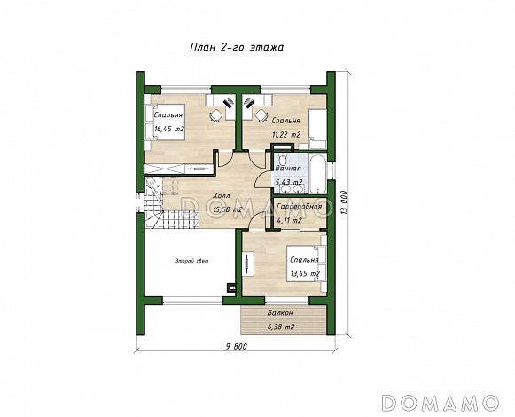 Проект двухэтажного дома с тремя спальными комнатами, балконом и сауной / План 2 этажа