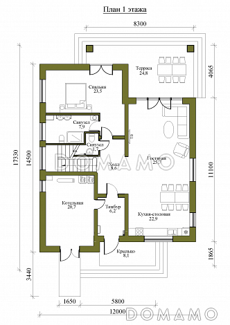 Проект одноэтажного дома в стиле Барнхаус с мансардой, четырьмя спальнями и вторым светом / План 1 этажа
