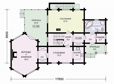 Проект великолепного загородного дома с чудесной верандой и открытой террасой / План 1 этажа