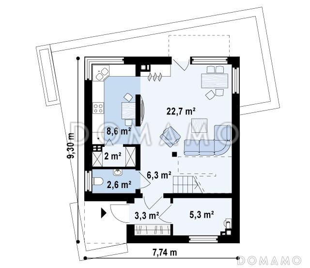 Проект двухэтажного дома из кирпича в стиле кубизм со спальной зоной на втором этаже / План 1 этажа