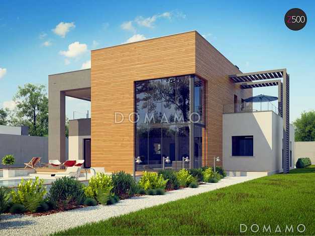 Проект большого современного двухэтажного дома из кирпича с большой площадью остекления, гаражом и просторными террасами на обоих уровнях