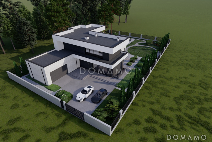 Проект крупномасштабного двухэтажного дома в стиле хай-тек с подвалом и бассейном